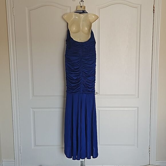 Jovani Rushed Halter Neckline With Faux Pearl Maxi Dress With Side Slit 12 Blue - Picture 6 of 16